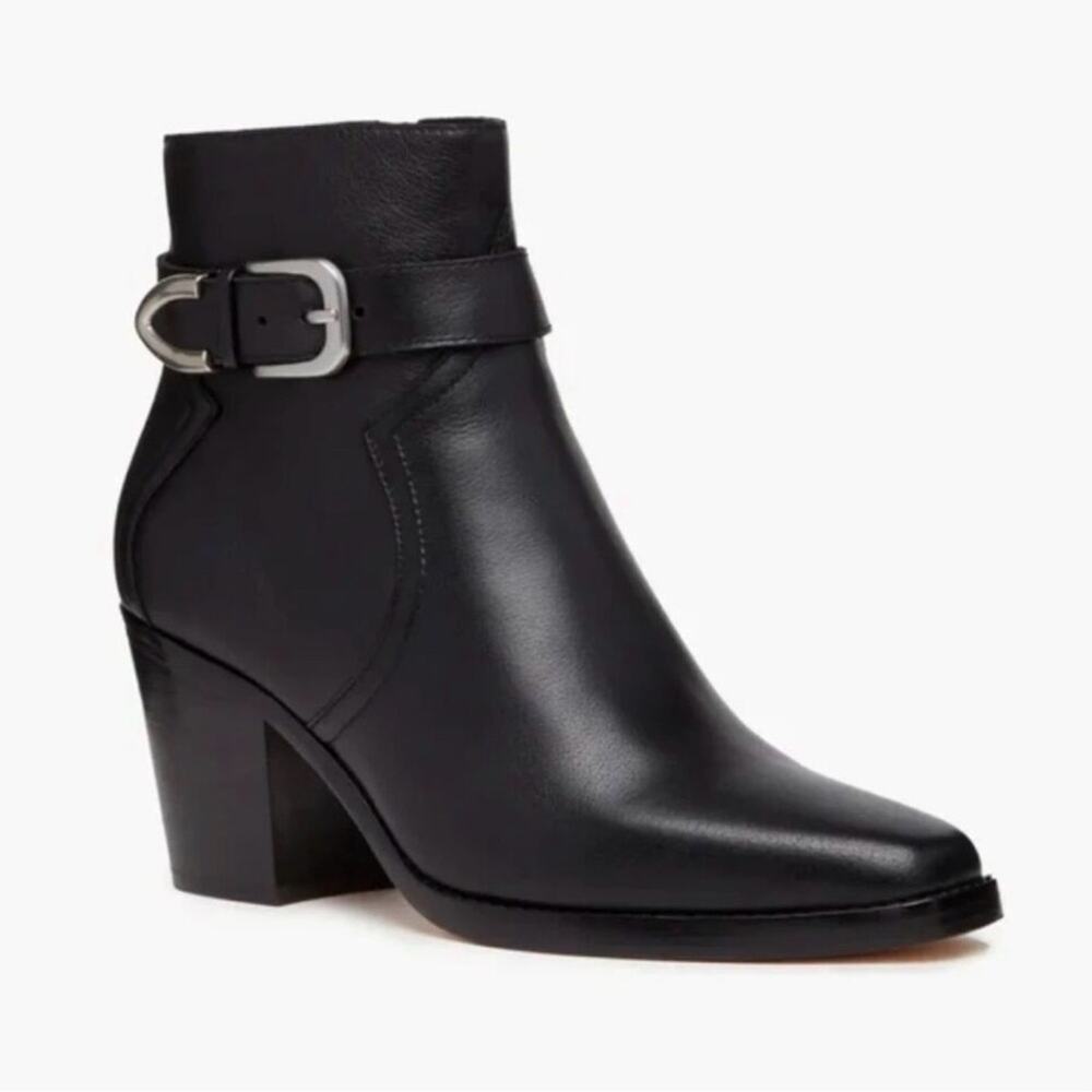 NWT Paige Evelyn Leather Ankle Boots Black Size 7 Block Heel Buckle Moto Western